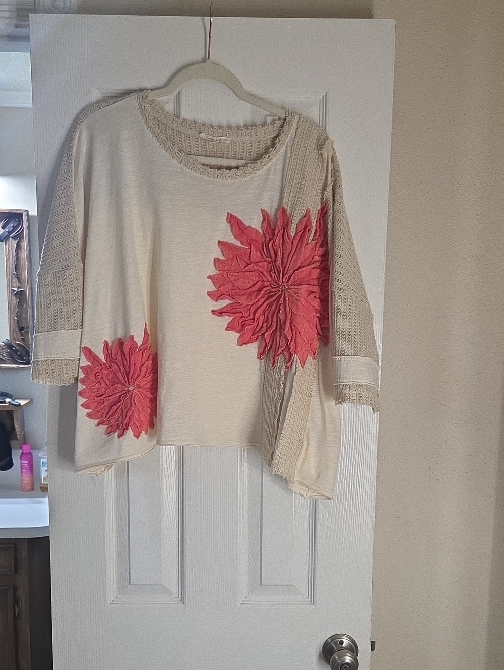 Oli & Hali Women’s Cream Sweater with Coral Floral Appliqué